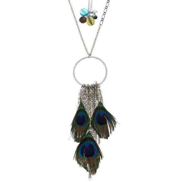 Peacock Feathers Statement-Neck NWT Silver & Multi - Picture 3 of 4